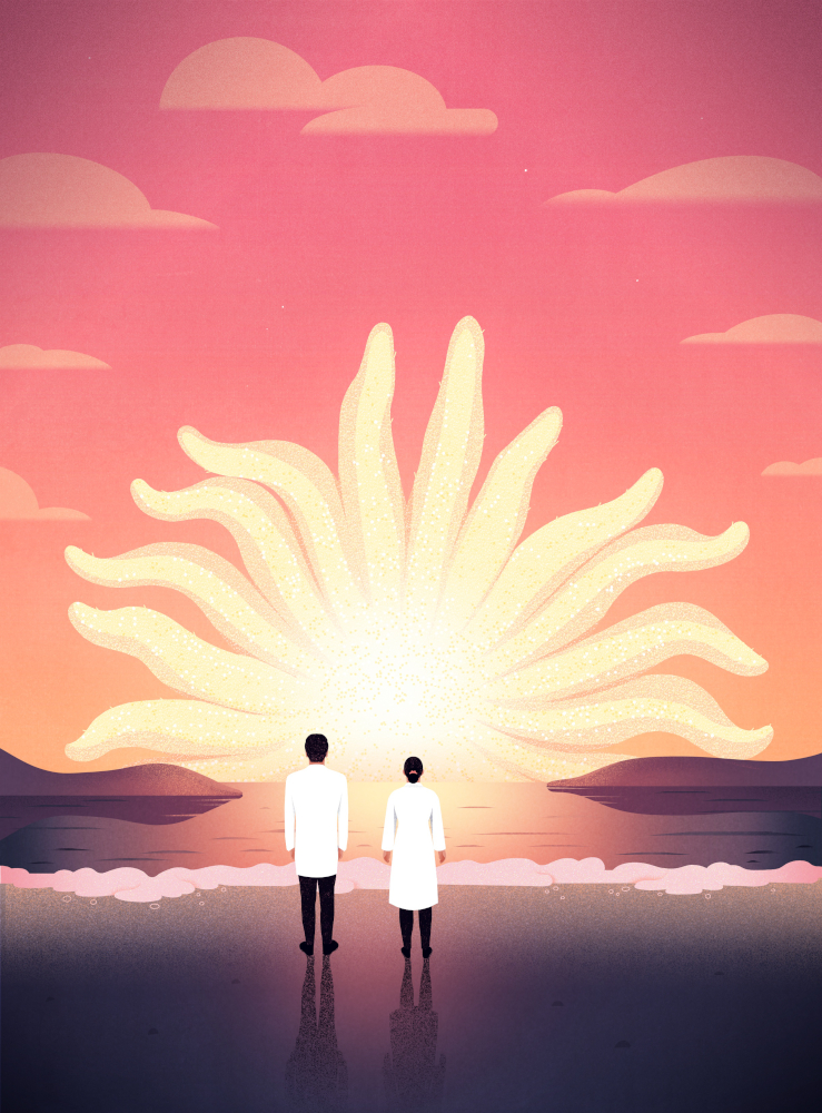 Illustration of two scientists standing on rocky British Columbia coast.